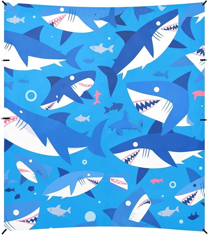 Shark Ocean Blue Beach Canopy UPF50+ Water-Resistant Sun Shelter with Sandbags &amp Sand Shovel for Camping Picnics Backyard