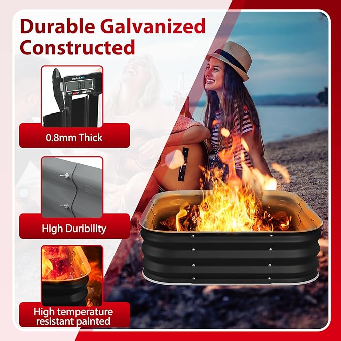 Height 11.5 Inch Square Galvanized Steel Fire Pit for Outside Heavy Duty Steel Fire Pit In-Ground for Backyard Camping Bonfire Flower Raised Garden Bed for Garden (4X4X1 FT)
