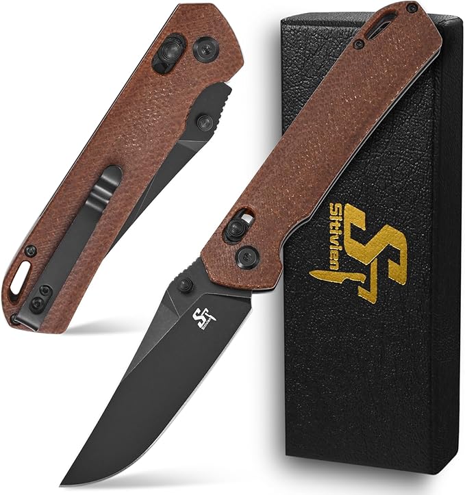Sitivien ST124 Folding Pocket Knife D2 Steel+Micarta HandleBall Bearing Pivot Axis lock with Pocket Clip for CampingOutdoor EDC Knife Tool-Brown