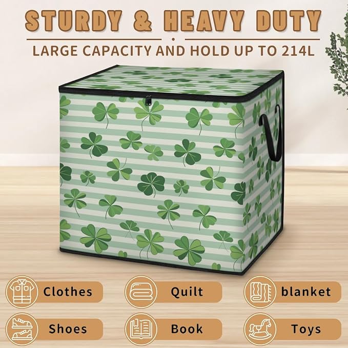 XL Large Clothes Storage with Lid Handle St. Patrick's Day Large Thick Clothes Blanket Storage Containers for Organizing Bedroom Closet Comforter Spring Green Clover Leaves Holiday
