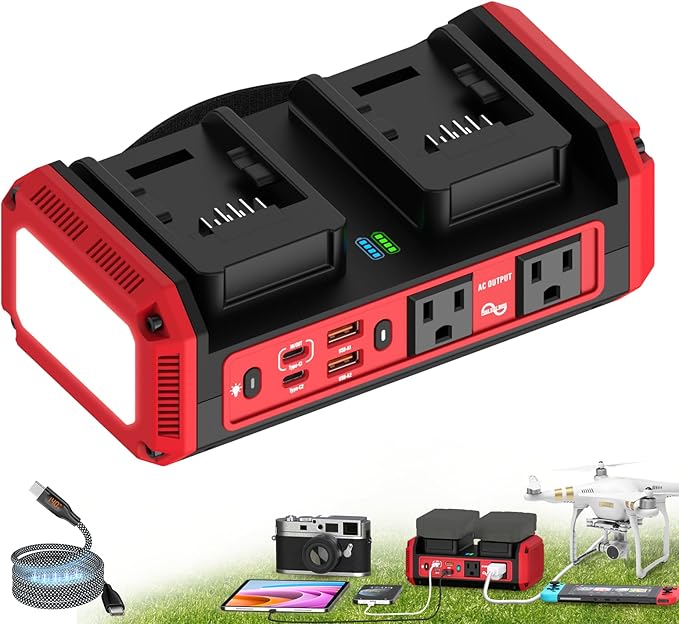 350W Pure Sine Wave Power Inverter Compatible with Milwaukee 18V Battery DC 18V to AC 120V Inverter 7A Fast Charger &amp 2 AC Outlet 2 USB Ports &amp 2 Type-C Ports 600LM LED Work Light (No Batt