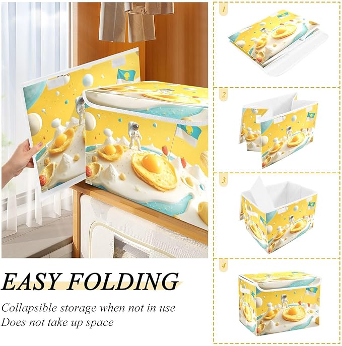 Cartoon Astronaut Storage Cube Bins Basket with Lid Collapsible Flip-top Fabric with Handle for Home Bedroom Closet Office 16.5×12.6×11.8 in