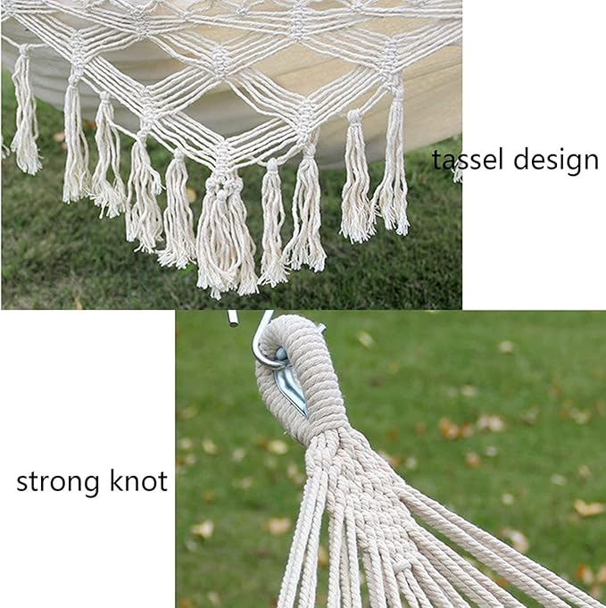 Camping Hammock Brazilian Tassels with Fringe Crochet Cotton Linen Double Hammock for Outdoor Indoor Garden Patio Porch Yard Included Carrying Bag