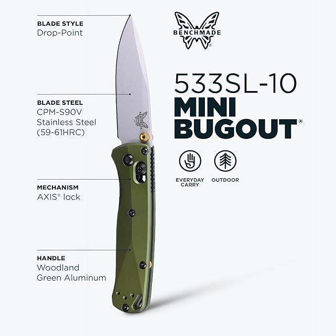 Benchmade - Mini Bugout Outdoor EDC Folding Knife Drop-Point Blade with Woodland Green Aluminum Handle (533SL-10)
