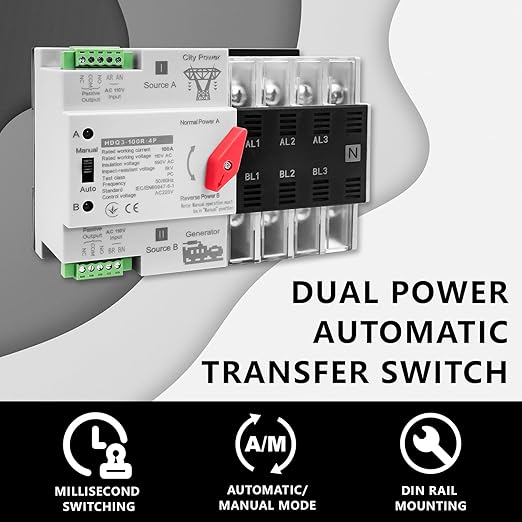 Mini ATS Automatic/Manual Transfer Switch 4P 100A AC110V W2R 50/60HzAuto Dual Power Switch for Home Generatorwith Din Rail