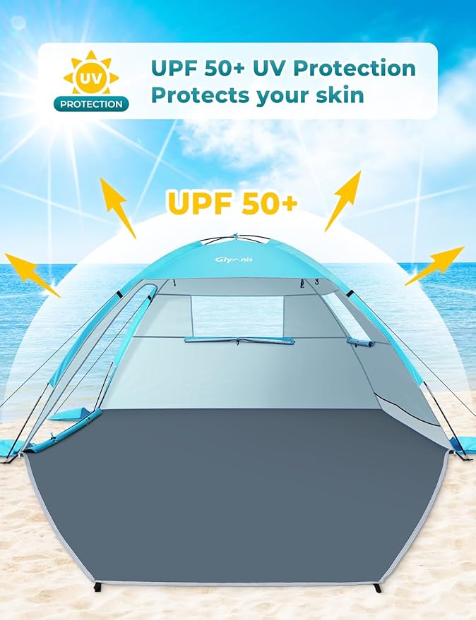 Glymnis Beach Tent Sun Shelter for 3 Person with UPF 50+ UV Protection Lightweight &amp Easy Setup Beach Shade Canopy with Vent Windows &amp Zippered Door - Blue