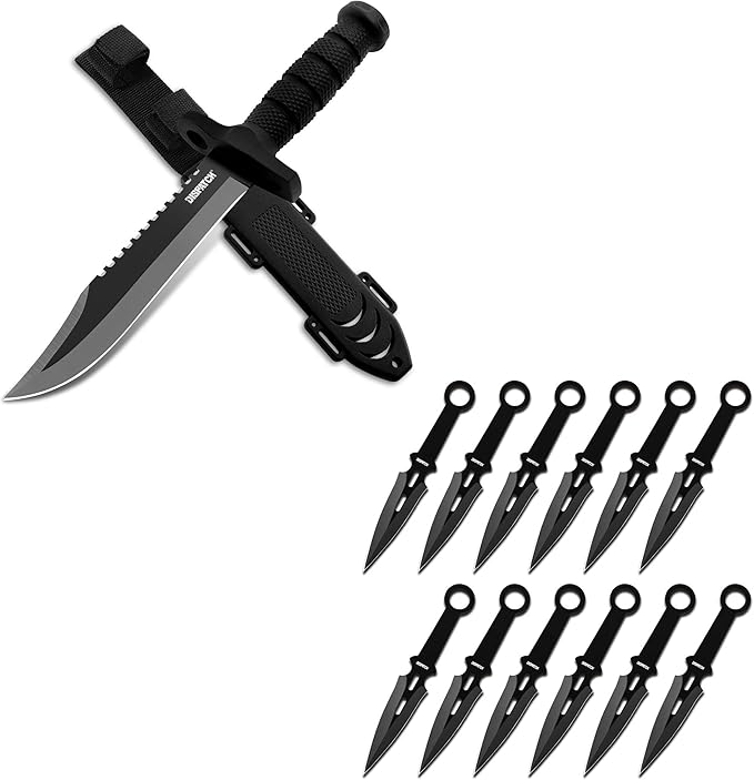 Dispatch 12 Inch Fixed Blade Hunting Knife with Throwing Knives Set of 12 for Outdoor Camping