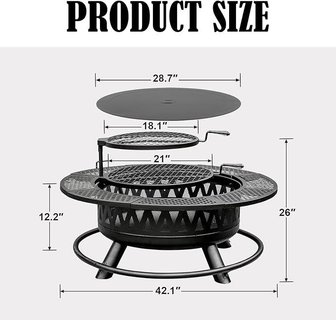 42 Inch Fire Pit with 2 Grills Large Outdoor Firepits for Outside Wood Burning Fireplace for CampingPicnicBonfire 3-in-1 Round Metal Table with Lid for BackyardPatioParty