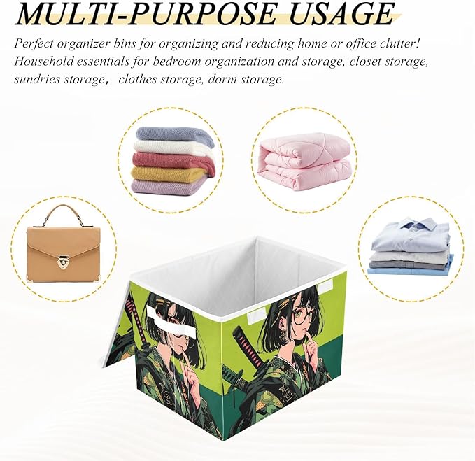 Green Samurai Storage Cube Bins Basket with Lid Collapsible Flip-top Fabric with Handle for Home Bedroom Closet Office 16.5×12.6×11.8 in