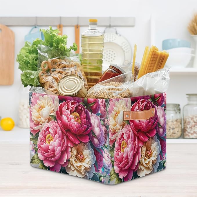 Pardick Basket Storage Bins Pink Flower Floral Rectangle Cube Basket Box Kids Girls Boys Toys Organizer Beaket Decor Foldable with Handle for Living Room Bedroom Closet Nursery Office Shelf Gifts