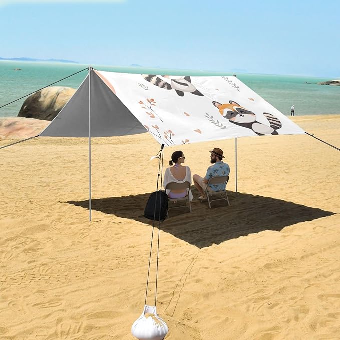 ALAZA Cute Raccoons and Balloon Beach Tent Sun Shelter Portable Canopy Sunshade for Outdoor Camping Picnics Backyard Fun 10x9 ft