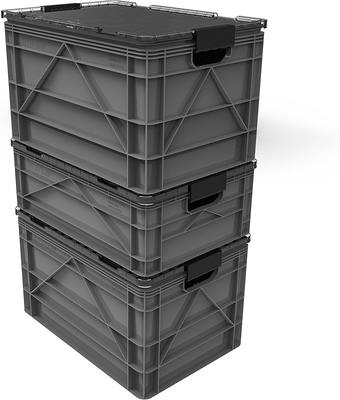 SIDIO CRATE Pro Pack - Two Full Size and One Half Size Heavy Duty Stackable Storage Bins Totes Containers with Lids and Dividers - Durable Organizer for Home Office Garage and Outdoor Use - Gray