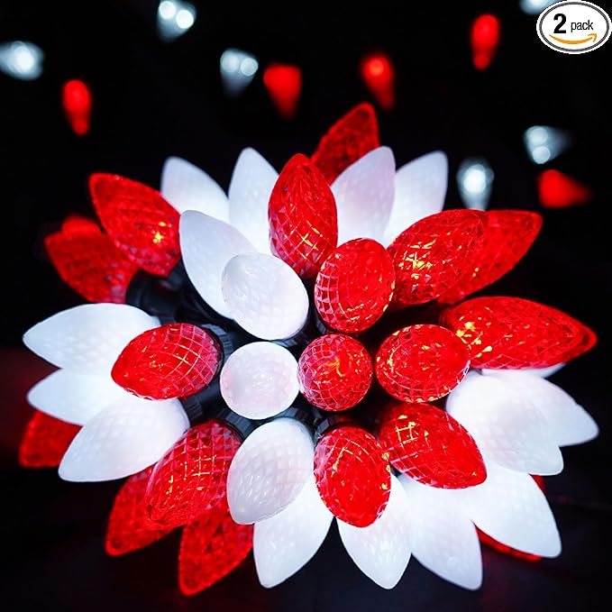 YIQU 2-Pack 66FT C9 Christmas String Lights Outdoor 100LED Waterproof Green Wire Plug in Led Fairy String Lights for Xmas Tree Indoor Garden Patio Wedding Party Decoration (Red and White)