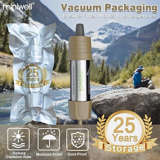 Miniwell L630 Portable Water Filter with Upgraded Vacuum Packaging - 25 Year Storage Long Lasting and Versatile Usage Options 2 Pack Filter and 1L Bottles