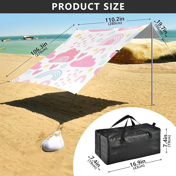 Beach Canopy with Windproof Ropes &amp Sandbags Beach Tent Sun Shade Sun Shelter for Camping Trips Fishing Backyard Fun or Picnics Cloud
