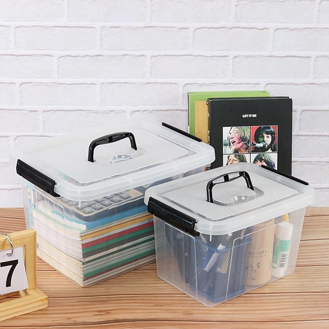 Ggbin Clear Plastic Latch Storage Box with Handle 6 Quart &amp 12 Quart Lidded Storage Container 2 Packs