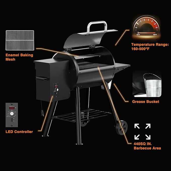 Wood Pellet Grill 440 SQ. IN Cook Area Pellet Smoker Grill 12LBS Hopper Pellets Grill 500℉ Max Temperature&ampAuto Feed 8 in 1 BBQ Grill Outdoor with Side Table Grease Bucket