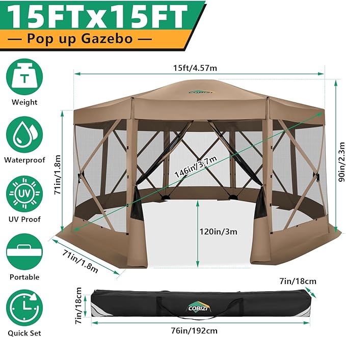 COBIZI 15x15FT Pop Up Gazebo Screen Tent Screen House for Camping Screen Room with Mosquito Netting Hub Tent Instant Screened Canopy with Carrying Bag and Ground Stakes Khaki(Upgraded)