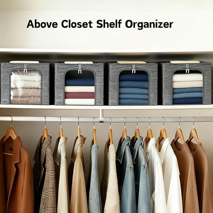 GoMaihe Clothes Storage Bin with Metal Frame: 6-Pack Stackable Closet Storage Bin with Lid &amp Clear Window Sweater Boxes Storage for Closet Bedding Clothing Storage Organizer 40L