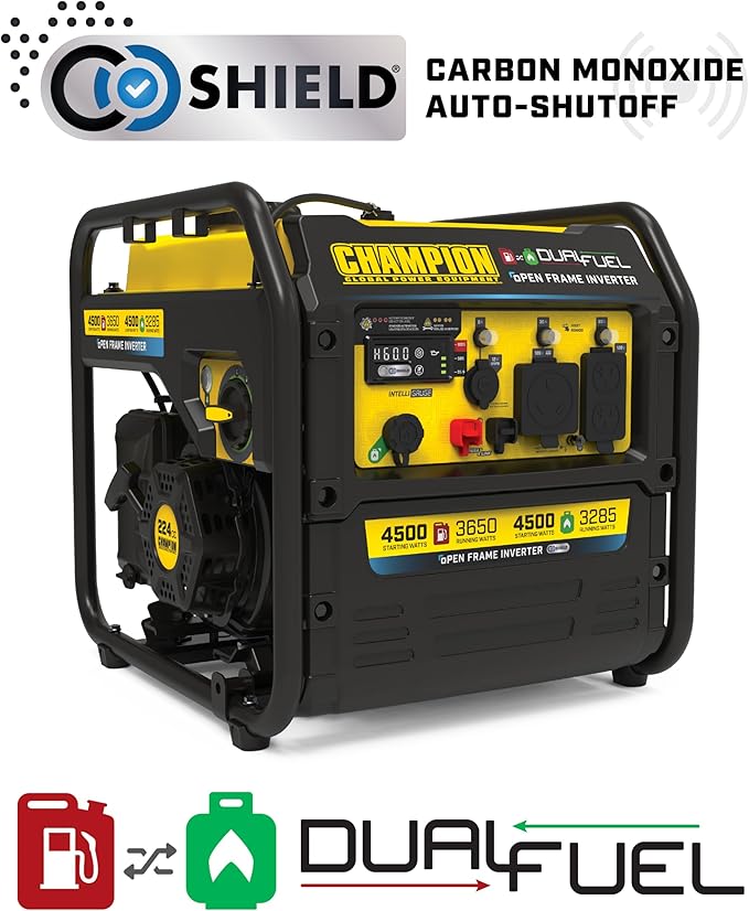 Champion Power Equipment 4500-Watt Electric Start Dual Fuel RV Ready Portable Open Frame Inverter Generator with Quiet Technology and CO Shield®