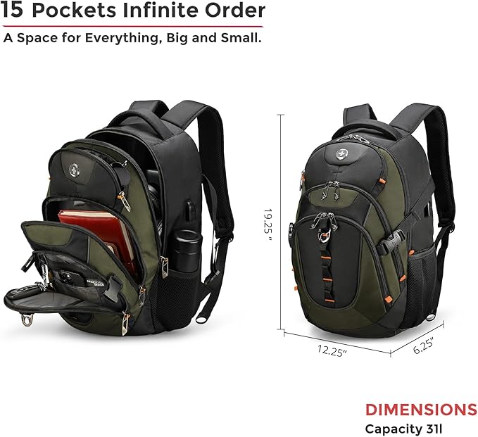 Swissdigital Design Laptop Backpack with USB Charging Port Travel Backpack Fits 15.6 inches Computer 31L College School Backpack for Men Olive/Black | SD803-26