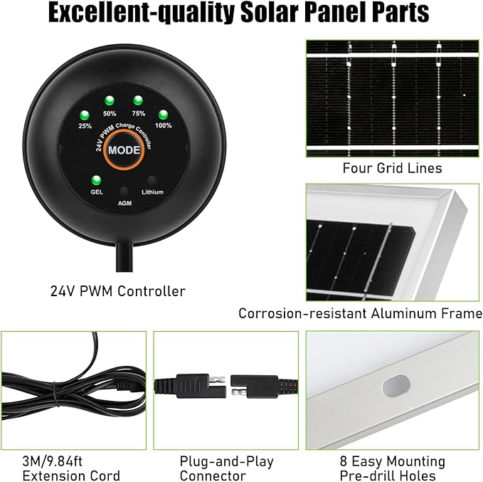 Solar Panel Kit 50W 24V Solar Battery Trickle Charger Maintainer with Upgrade PWM Controller and SAE Cable Waterproof Solar Charger for 24V Car RV Marine Truck Boat Motorcycle ATV Rechargeable Battery