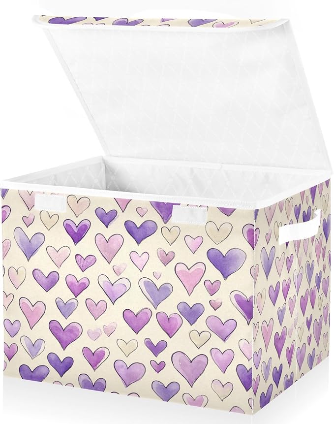 Storage Bins With Lid Stackable Fabric Closet Organizer Clothing Storage Large Boxes For Closet Shelves Bedroom Purple Hearts Minimotifs Diverse