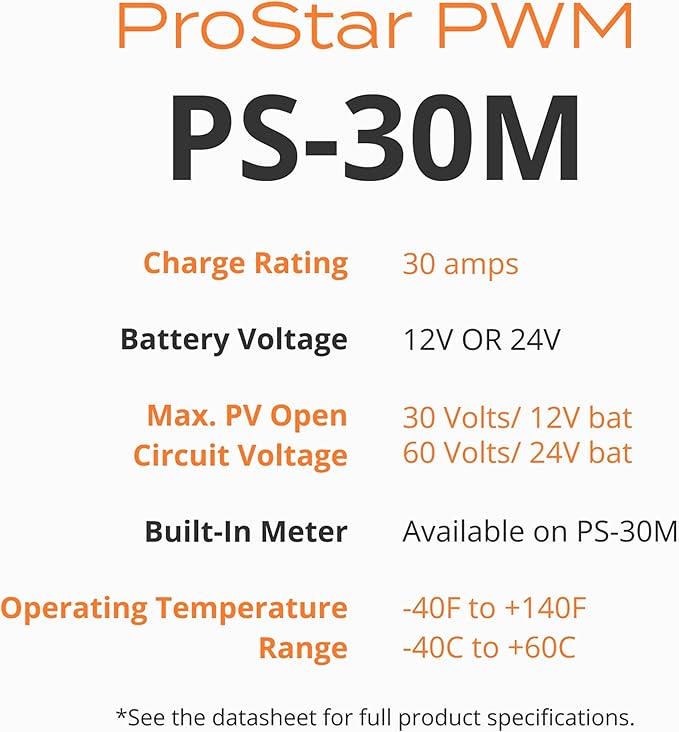 Morningstar Prostar 30A PWM Solar Charge Controller w/ Meter (PS-30M) - Solar Panel Regulator Supports 12V/24V LA/Lithium Batteries LVD/Lighting Ctrl HazLoc Rated Low Noise - Designed in The USA