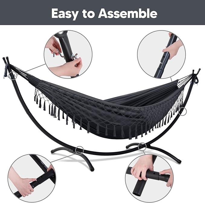 SUNCREAT Portable Outdoor Hammock with Stand Included Double Hammock with Tassel for Outside Dark Gray