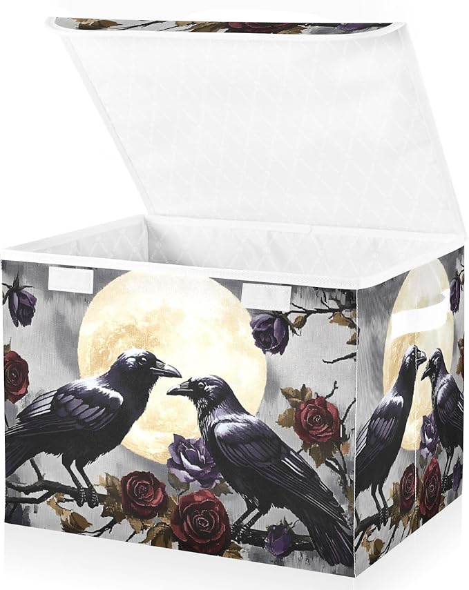 Crows Branch Rose Large Storage Bins with Linen Foldable Storage Cubes Fabric Closet Organizer Containers box with Flip-Top Lid for Home Office 16.5 x 12.6 x 11.8 IN