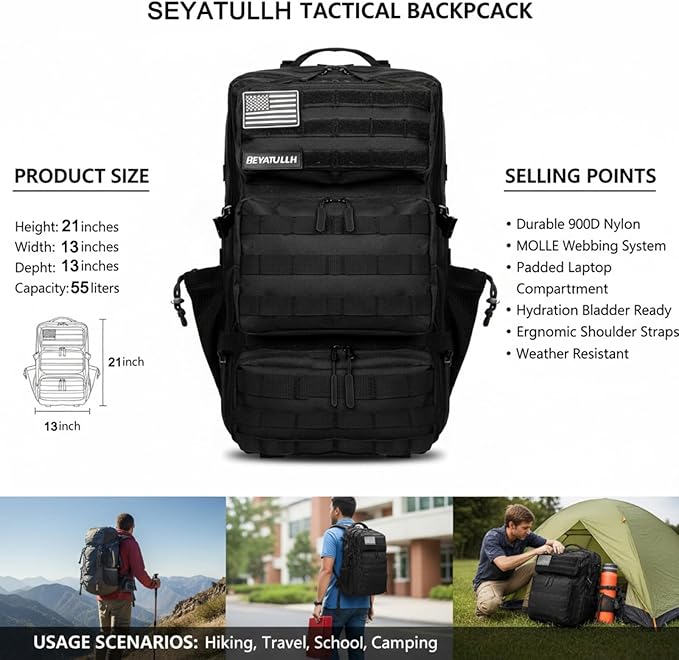Military Tactical Backpack 55L for Men &amp Women Bug Out Bag Assault pack Molle Daypack Hiking Trekking Rucksack (Black)