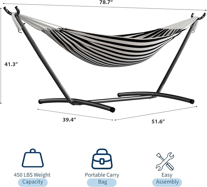 GarveeLife Double 2 Person Hammock Indoor Outdoor Standing Hammock with Space Saving Steel Stand Carry Bag 450 LBS Weight Capacity Suitable for Garden Camping Beach Black