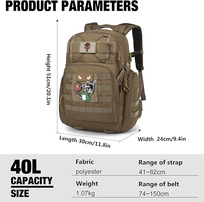 Mardingtop Military Tactical Backpack for Men 40L Molle Rucksack EDC Daypack for HikingTravelCamping Hunting(With 10Pcs Patches and 3Pcs Buckles)