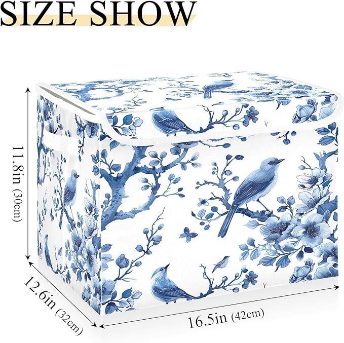 Beautiful Flowering Birds Fabric Storage Bins with Lids and HandleFoldable Storage Bins with LidsCloset Organizers for Clothes Storage Room Organization Office Storage Chest Organizer