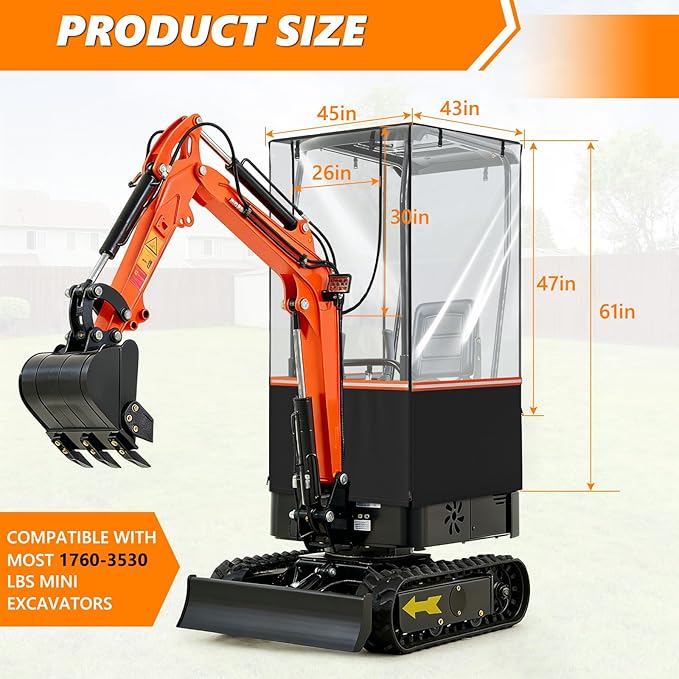 Mini Excavator Cover Transparent Anti-Wrinkle Excavator Cab Cover Fits Bobcat E20/Kubota U17 Models (1760-3530 lbs) Features Openable Windows Rollable on All Four Sides Safety Reflective Strips