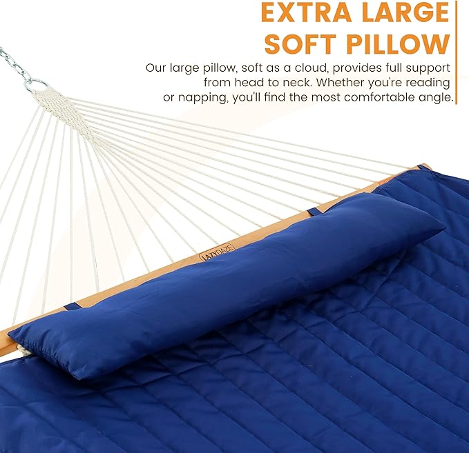 Lazy Daze Hammocks 2 Person Portable Hammock with 12FT Stand 10.5FT Double Hand Woven Cotton Rope Hammock with Detachable Quilted Pad &amp Pillow for Outside 450lb Capacity Navy Blue