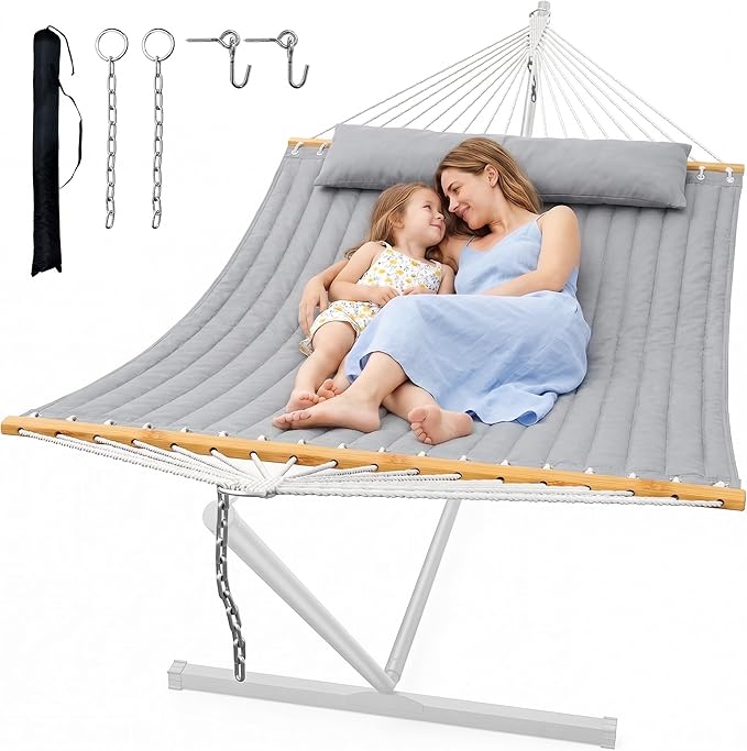 ANAGOO Double Quilted Outdoor Hammock for 2 Adults 500lb Capacity Backyard &amp Camping Hammock with Pillow and Bamboo Spreader Bar Fits 11–15ft Hammock Stands (Stand Not Included)Dark Gray