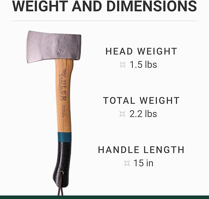 Adler Yankee Hatchet – German Forged Camping Hiking Hatchet w/ 15 Anti-Slip Hickory Handle 1-1/2 lb Head w/Leather Sheath &amp Storage Bag Compact Bushcraft Axe for Firewood Kindling Carving (A