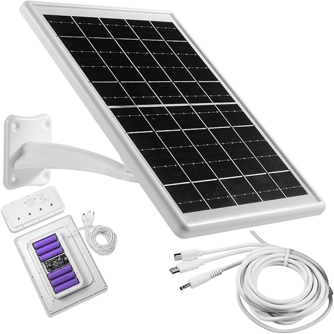 Solar Panel Built-in Battery 12000mAh with Micro USB &amp Type-C &amp Port and DC35135 Port for Camera or DC 5V Device with 10ft Charging Cable IP66 Waterproof Rechargeable