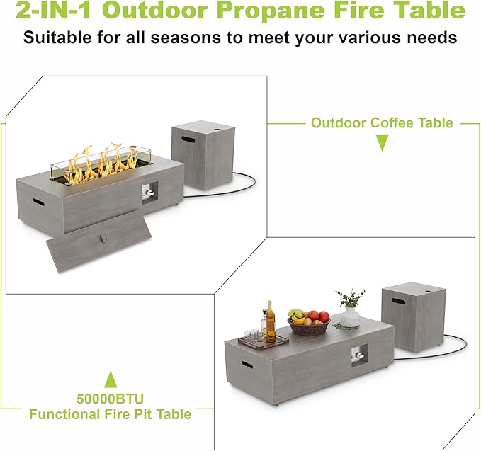 SUNPEAK 42 Modern Fire Pit Table with LED Light 50000 BTU Deck Fire Pit Table Includes Wind Guard Lid Rocks &amp Cover - Propane Gas Patio Fireplace Chimenea para Patio (Grey/Golden Light 42 L