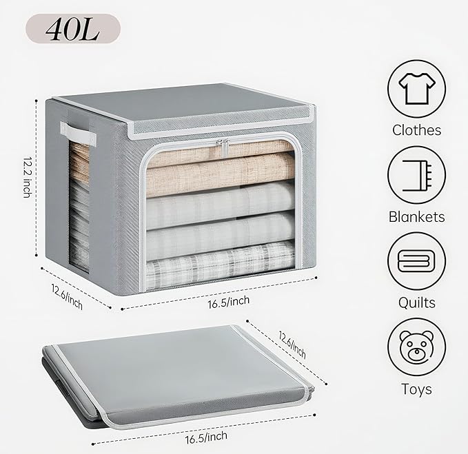 Yecaye Clothes Storage Bins with Metal Frame 40L Foldable Clothing Storage Bins with Lid Stackable Zippered Clothes Storage Bags Oxford Fabric Organizer Box With Clear Window＆ PU Leather Handles