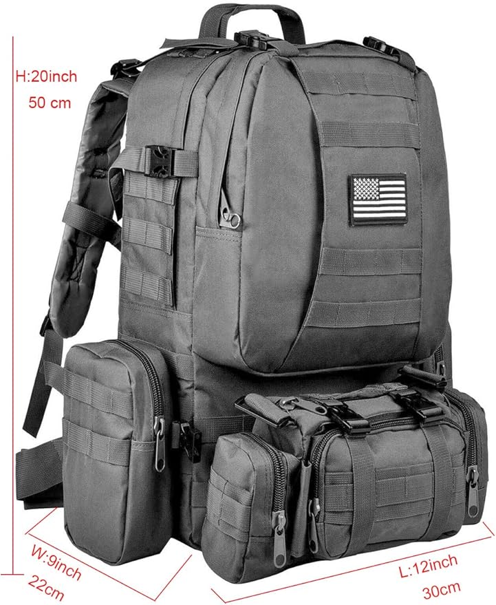 Tactical Backpack 55L with Built-up 3 MOLLE Bags Rucksacks for Travelling