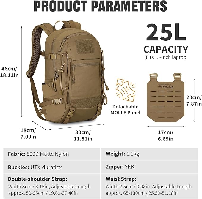 25L Tactical Backpack Small Hiking Backpack with Expandable MOLLE Front and Laptop Sleeve Biking Motorcycle Backpacks for Men