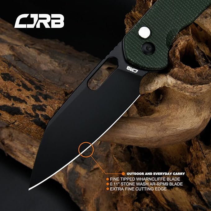 CJRB Pyrite-Alt (J1925A) Folding Pocket Knife with 3.11'' Black PVD AR-RPM9 Wharncliffe Blade Dark Green Micarta HandleButton Lock EDC Knife with Thumb Hole for TacticalOutdoorHiking and Gift