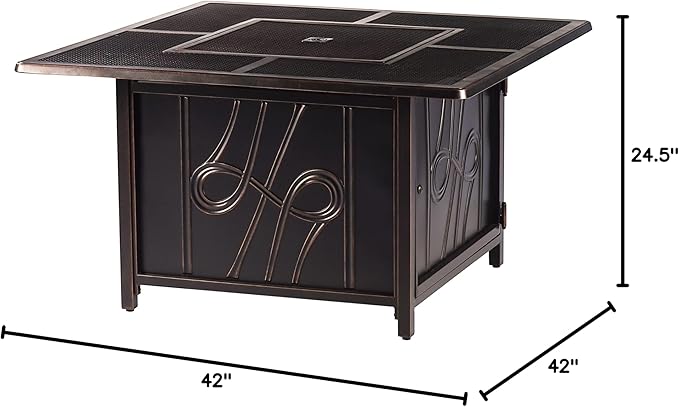 Oakland Living Aluminum 570000 BTU 42 in. Square Propane Black Fire Pit Table with Fire Beads Lid Propane Tank Cover and Table Fabric Covers in Copper FinishAZREGIS-FPT-AC