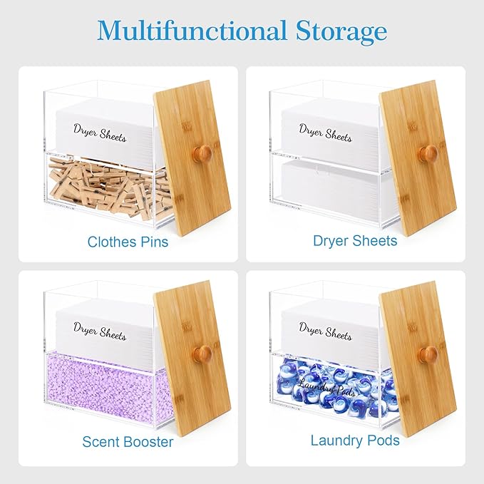 JYPS 1+1 Acrylic Dryer Sheet Holder with Drawer and Bamboo Lid Clear Acrylic Large-Capacity Laundry Pods Container Scent Boosters &amp Powder Laundry Room Organization decor Storage Jars Set