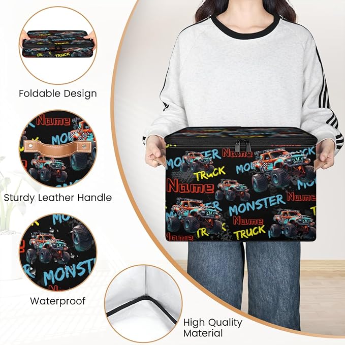 Custom Storage Bins with Zipper Lid Personalized Monster Truck Car Fabric Lidded Storage Baskets Boxes Foldable Cubes Clothes Organizer Container