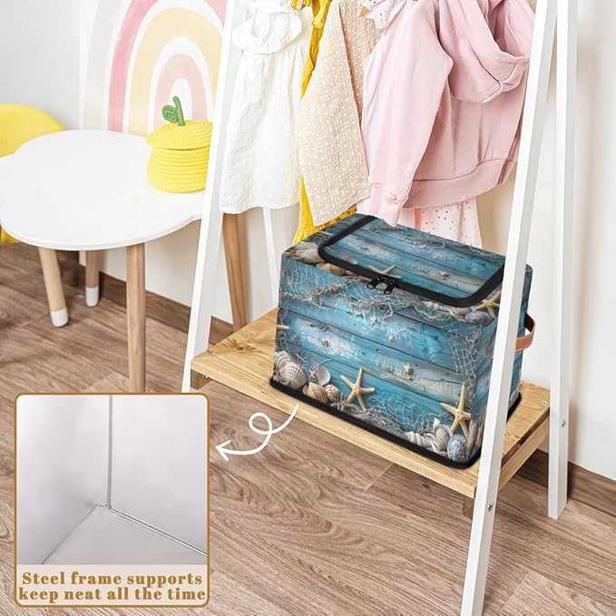 Beach Seashells Storage Bins with Zipper Lid Blue Wooden Fabric Lidded Storage Baskets Cubes with Handles Decorative Foldable Shelf Closet Organizer Container
