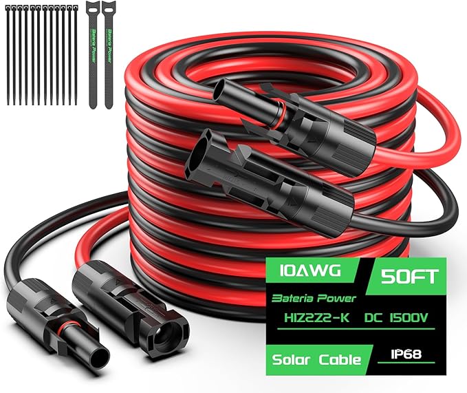 Bateria Power 50FT 10AWG Solar Panel Extension Cable 6mm² Solar Extension Cable Wire with Female &amp Male Waterproof Connectors for RV Photovoltaic Systems Set of 2