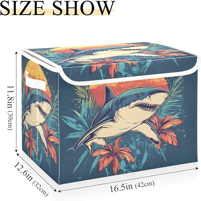 Tropical Fish Floral Storage Cube Bins Basket with Lid Collapsible Flip-top Fabric with Handle for Home Bedroom Closet Office 16.5×12.6×11.8 in